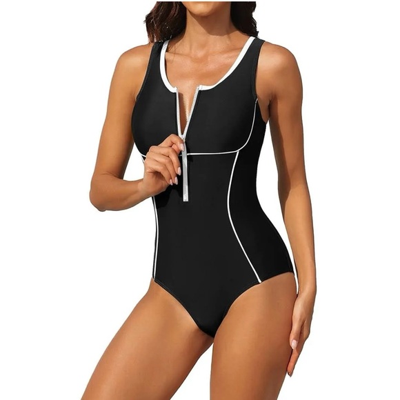 Attraco Women Swimsuit One-Piece Sports Athletic U-Neck Front Zipper Swimwear - Picture 3 of 8